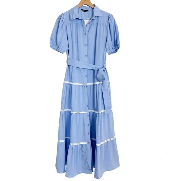 Pretty Garden Button Down Shirt Dress Short Puffy Sleeve Tiered Light Blue - Picture 3 of 8